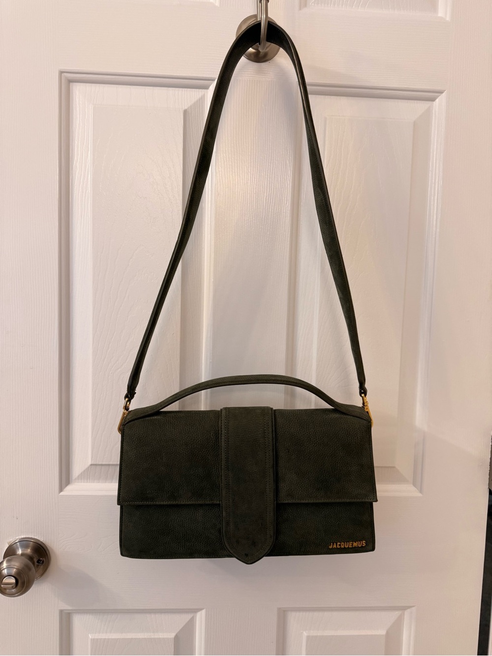 Jacquemus Olive Green Suede Shoulder Bag with Gold Logo